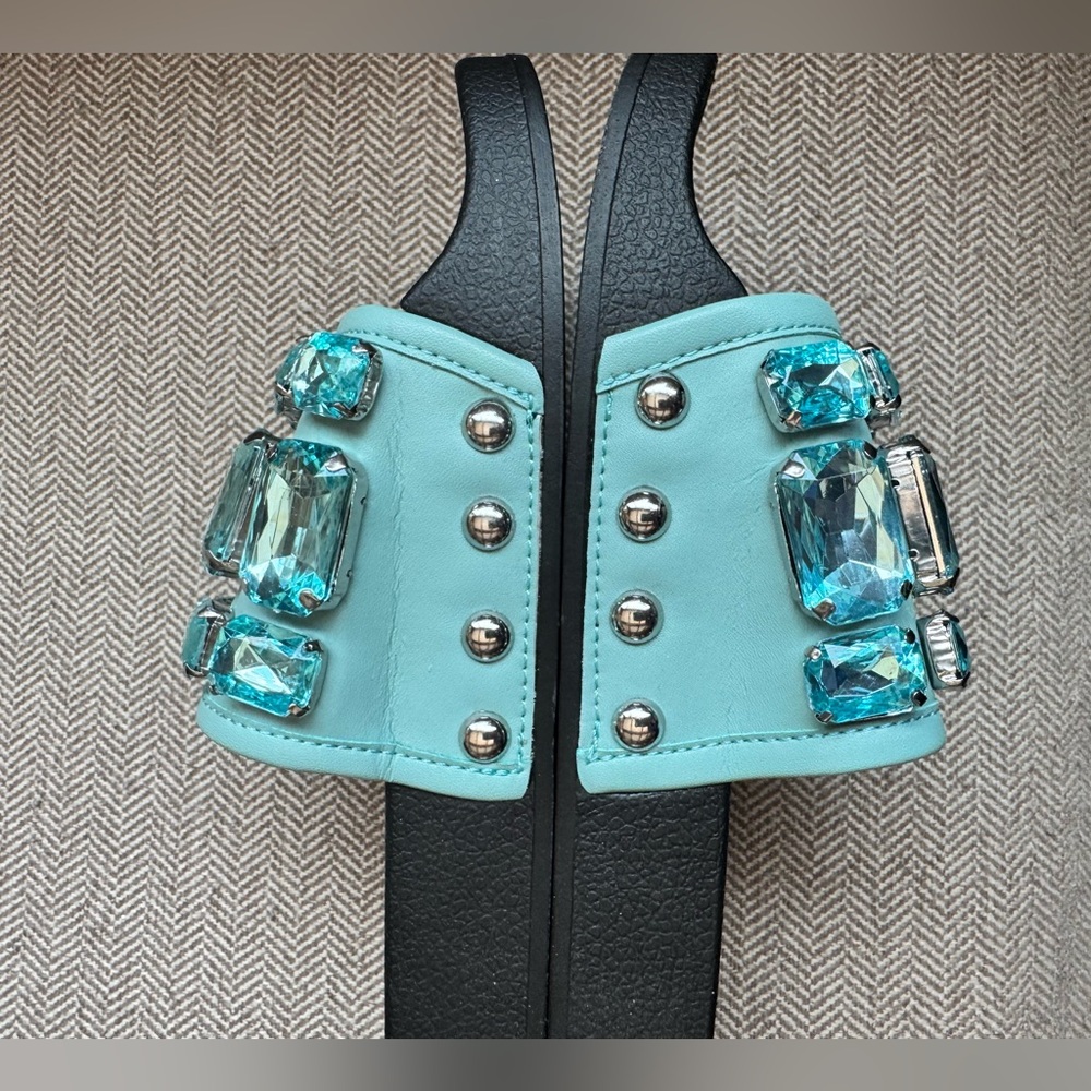 Botkier “Freda” Seafoam Rhinestone Slide Sandals - Size 39/8 - Picture 8 of 15